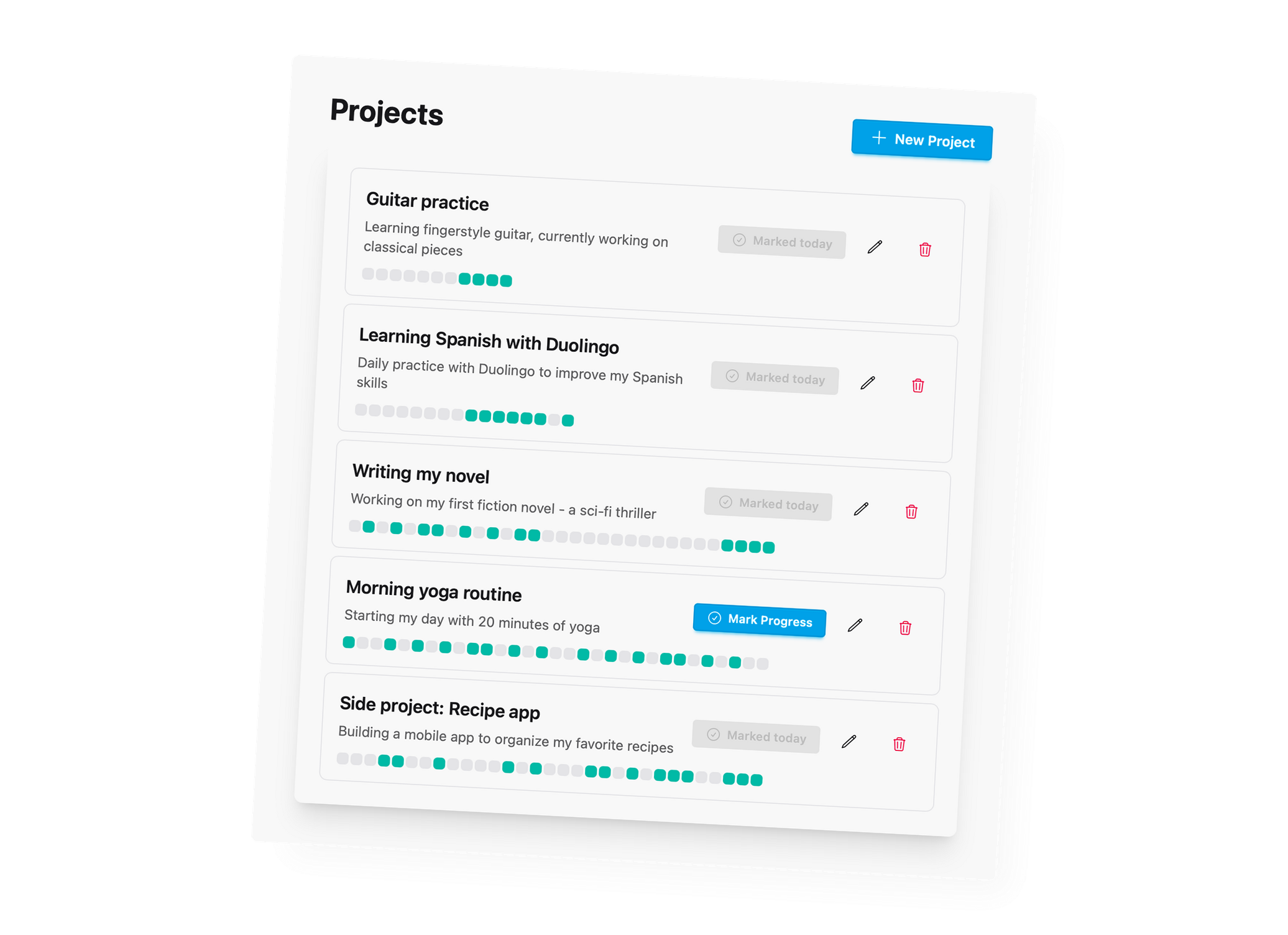 Valistia app interface showing project tracking