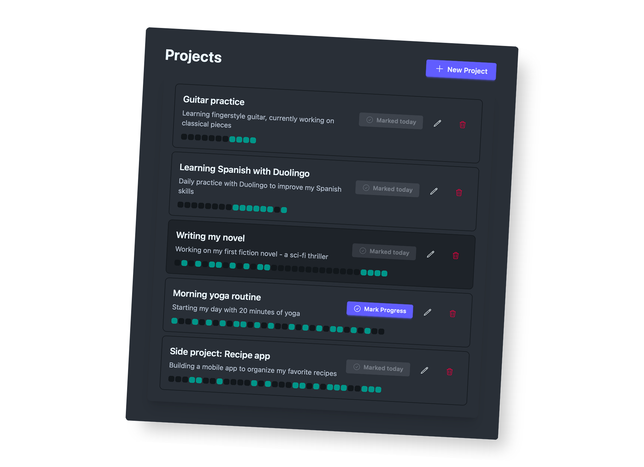 Valistia app interface showing project tracking